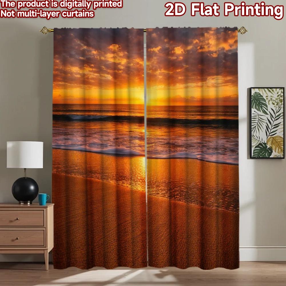 2D flat printing 2pcs Curtain Party Window Curtains Golden Beach Sunset Digital Printed Polyester Drapes Birthday Party Perfect