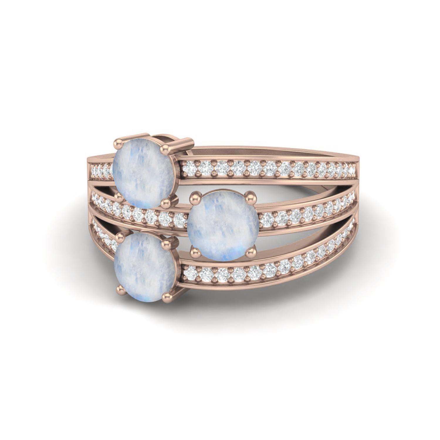 925 Sterling Silver Rose Vermeil 1.50 Carat Three Stone Round Shape Moonstone Solitaire Women Wedding Ring 7