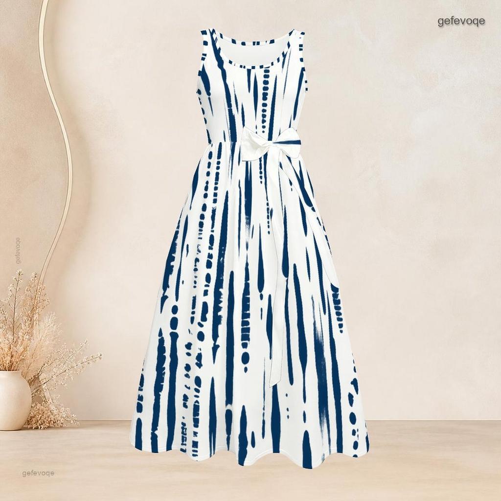Women Plus Size Round Neck Sleeveless Blue White Printed Tie Waist A Line Long Dress