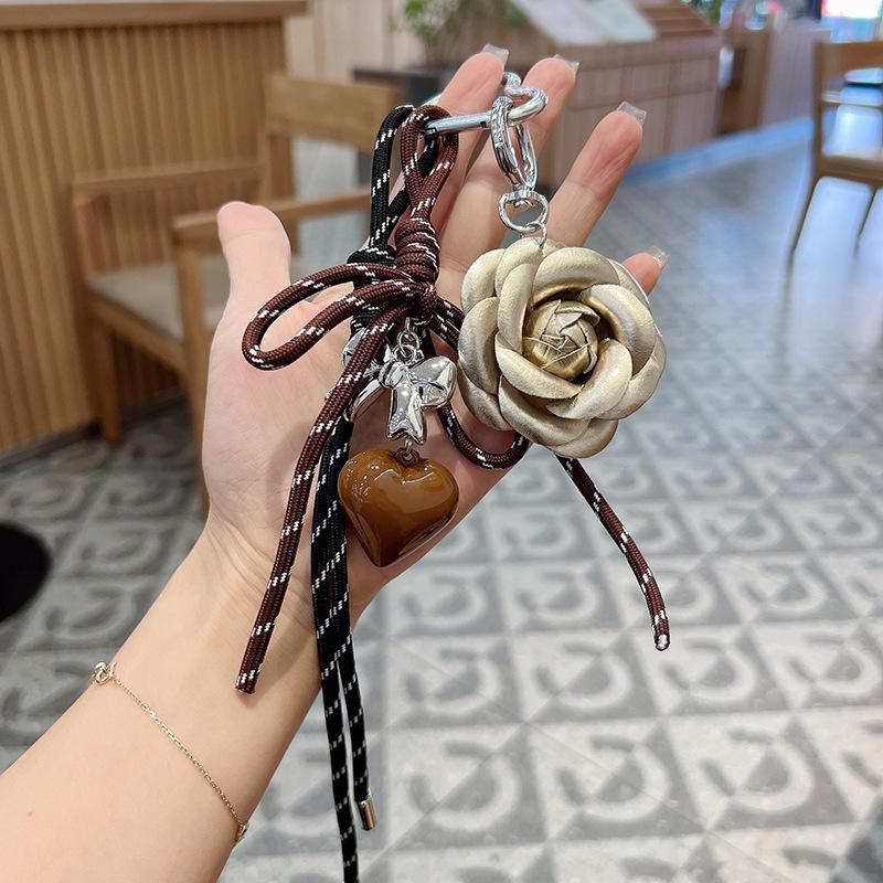 Handmade Camellia Flowers Heart Handbag Pendant Simple Tassels Backpack Hanging Bag Accessory