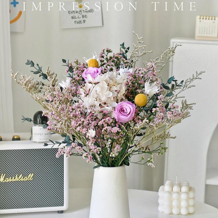 Immortal Rose Dried Bouquet: Eucalyptus, Hydrangea, Crystal Grass, and Baby's Breath for Home or Bedroom Decoration