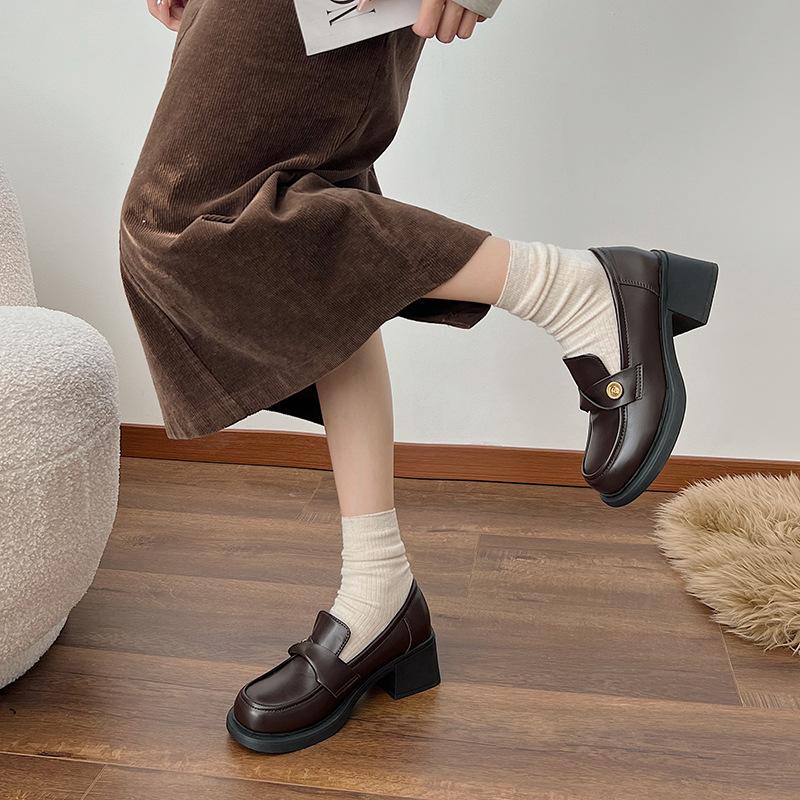Coarse-heeled small leather shoes women's 2025 new spring and autumn brown British style retro thick-soled high-heeled loafers