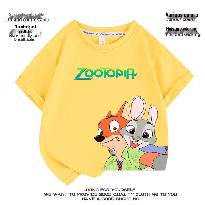 Kids' Zootopia Cartoon T-Shirt - Short Sleeve, Pure Cotton, Stylish Summer Top for Boys and Girls