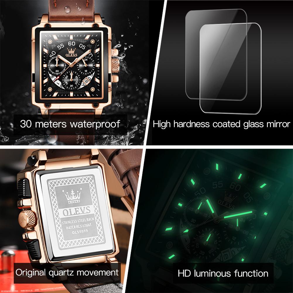 OLEVS 9919 Original Quartz Watch for Men Leather Strap Big Dial Square Waterproof Chronograph Sport Clock Male Relogio Masculino