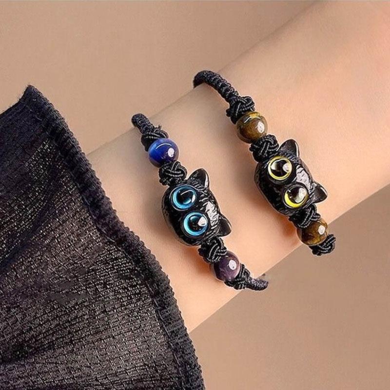 Adjustable Cord Bracelets Friendship Jewelry Handmade Braided Rope Handchain Unique Cat Head Pendant Wristband Bracelets