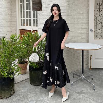 Women Summer Oversize Vintage Lace Fake Two-Piece Dress Loose Dress Long Casual Solid Dresses