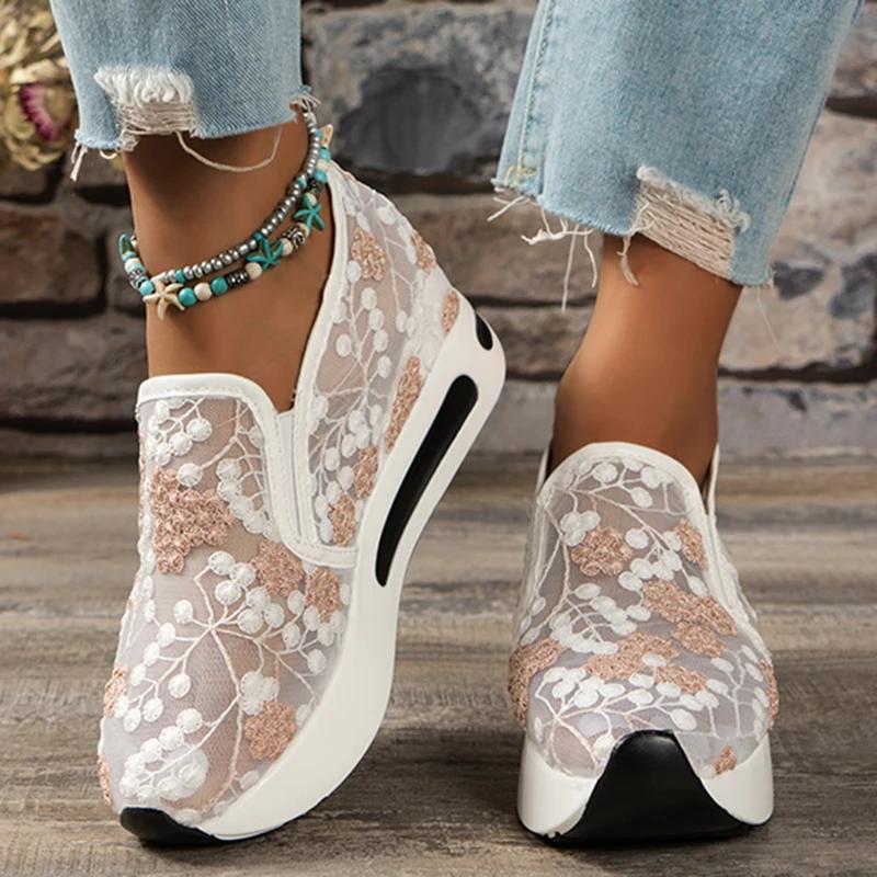 Fashion Fashion Embroidery Loafers Shoes for Women 2025 Summer Breathable Mesh Platform Sneakers Woman Comfortable Slip On Casual Shoes