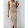 Women Olive Green Satin Cowl Neck Sleeveless Ruched Waist Bodycon Midi Dress