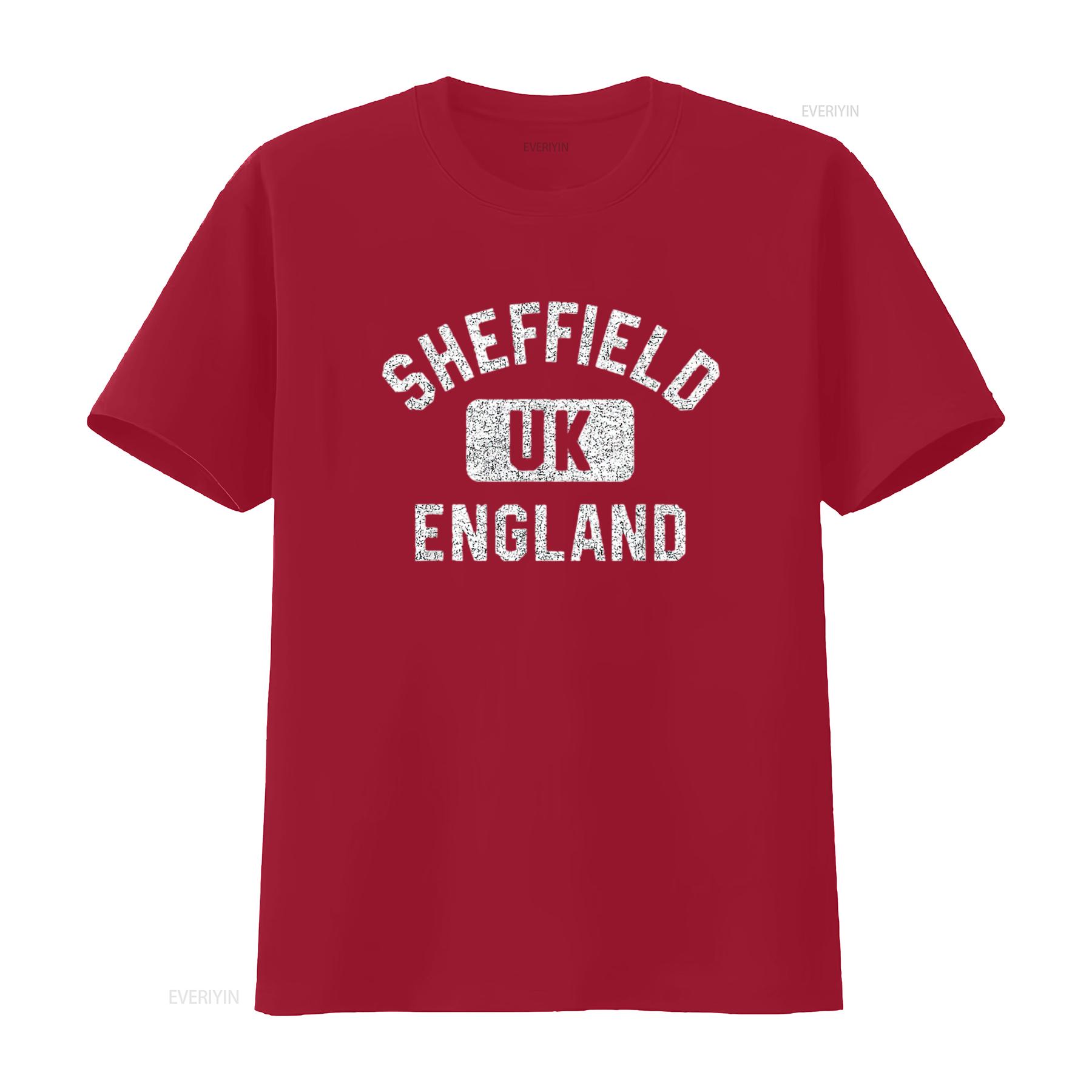 

Mens Sheffield England UK Gym Style Distressed White Print T Shirt Black vintage Washed Comfortable Soft fashion Slightly S