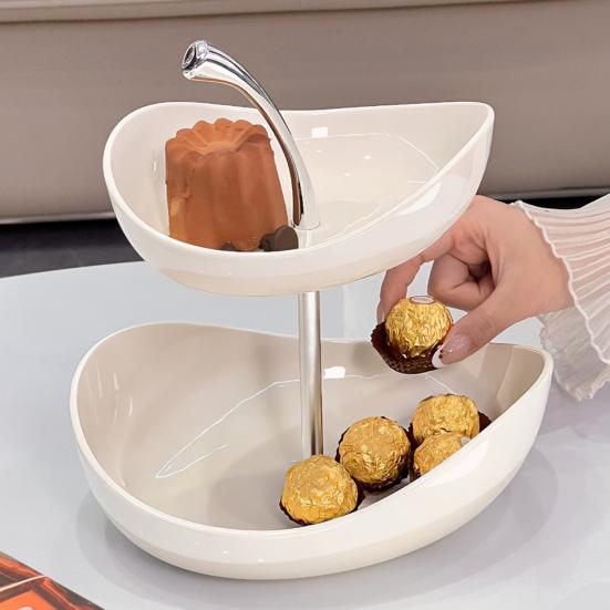 Double Layer Fruit Plate Multi-Layer Ceramic Fruit Bowl with Metal Stand Dishwasher Safe Corner Kitchen Countertop Organizer for Fruits Snacks Cakes