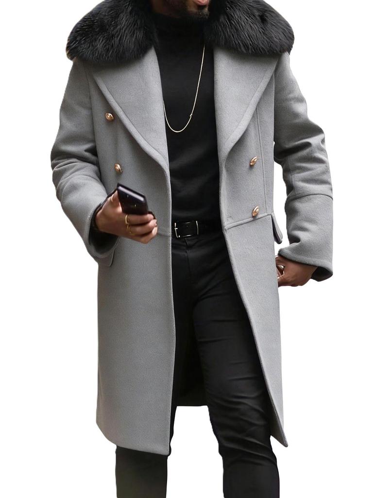 Men's Plus Size Double-Breasted Fur Collar Wool Coat