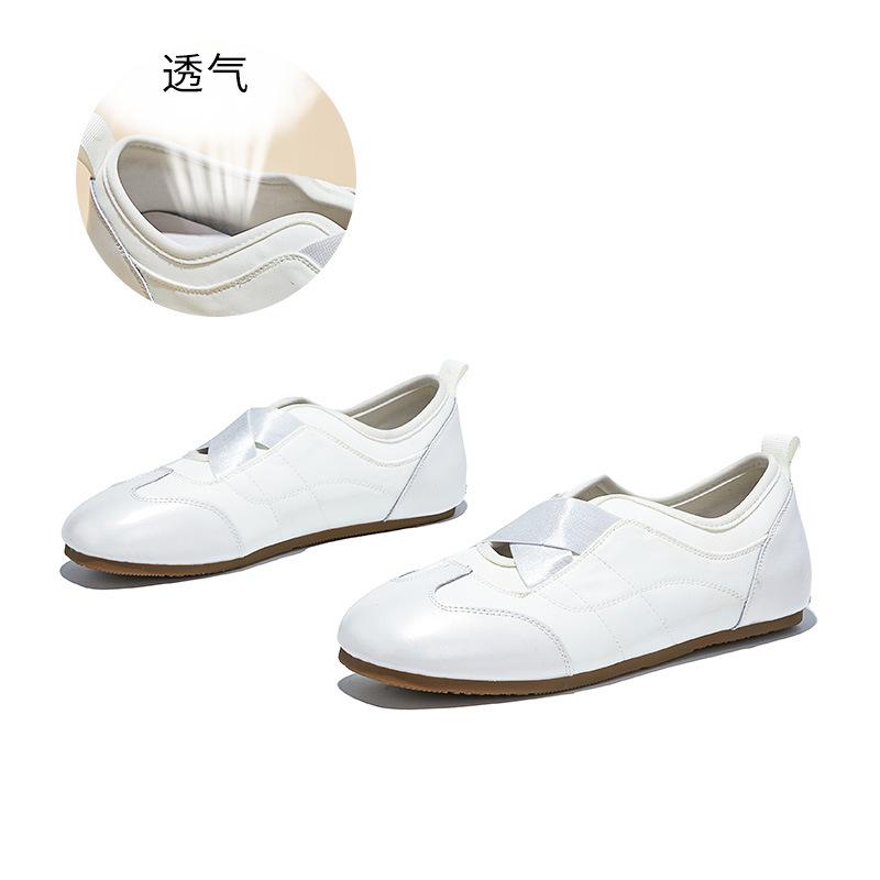 Leather Little White Shoes Women's Autumn New Fashion Single Shoes Flat Bottom Cross Elastic Band Niche Single Shoes Ballet Style