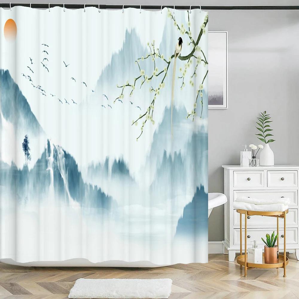 Chinese ink landscape style shower curtain scenic pattern Waterproof Fabric bath curtain washable Bathroom curtains Multi Size