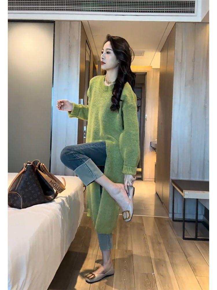 

Продвинутый и непринужденный пуловер, вязаное платье с боковым разрезом для женщин, неправильный силуэт, базовый, свитер длиной до колена, длинная юбка One Size зелёный