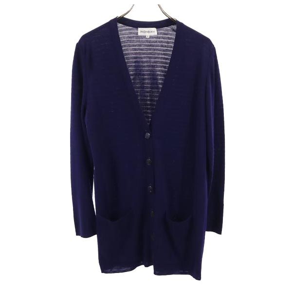 

YVES SAINT LAURENT Made in Japan Wool Blend border Long sleeve V-neck knit cardigan Women Used