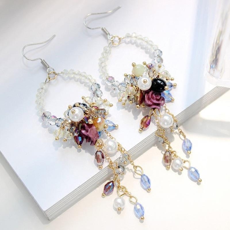 Bohemia Statement Earrings Rhinestone Flower Beads Tassel Ear Accessories