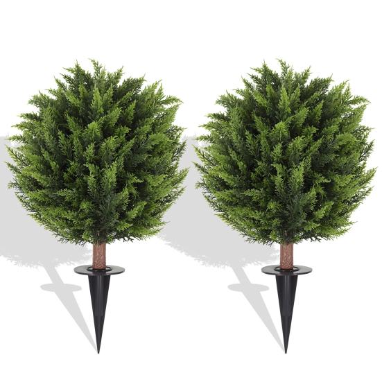 Artificial Cedar Topiary Ball Tree with Ground Spike 23" UV Resistant Faux Boxwood Bushes Fake Evergreen Cypress