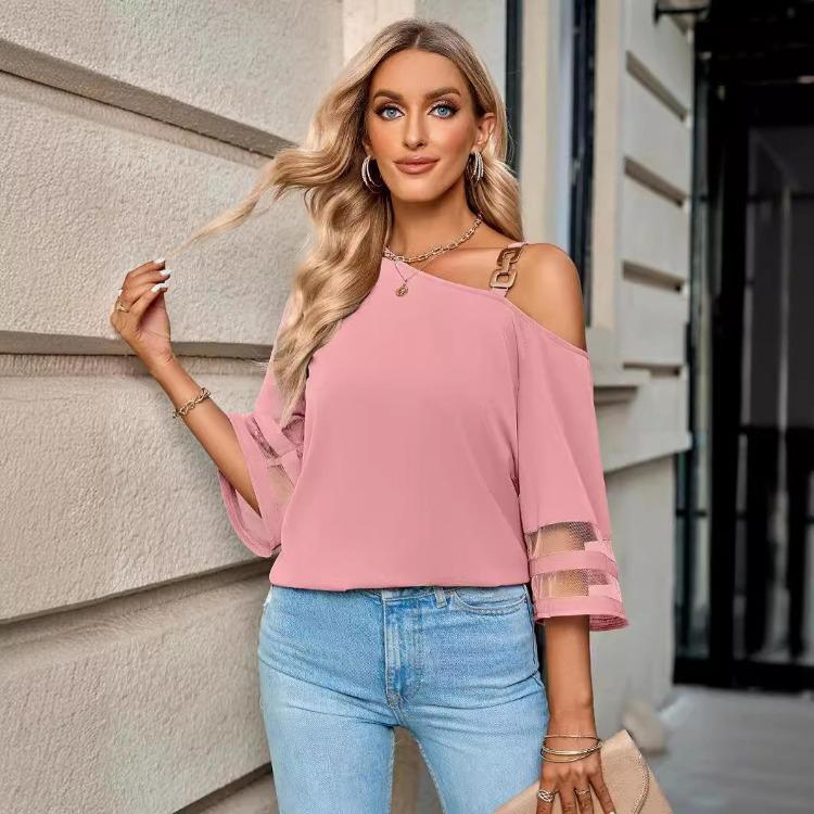 

Summer Women Blouse Loose Pullover Top Solid Color Single Shoulder Shirt with Half Flare Sleeve and Metal Buckle O Neck Design S XL Spring Fashion XL рожевий
