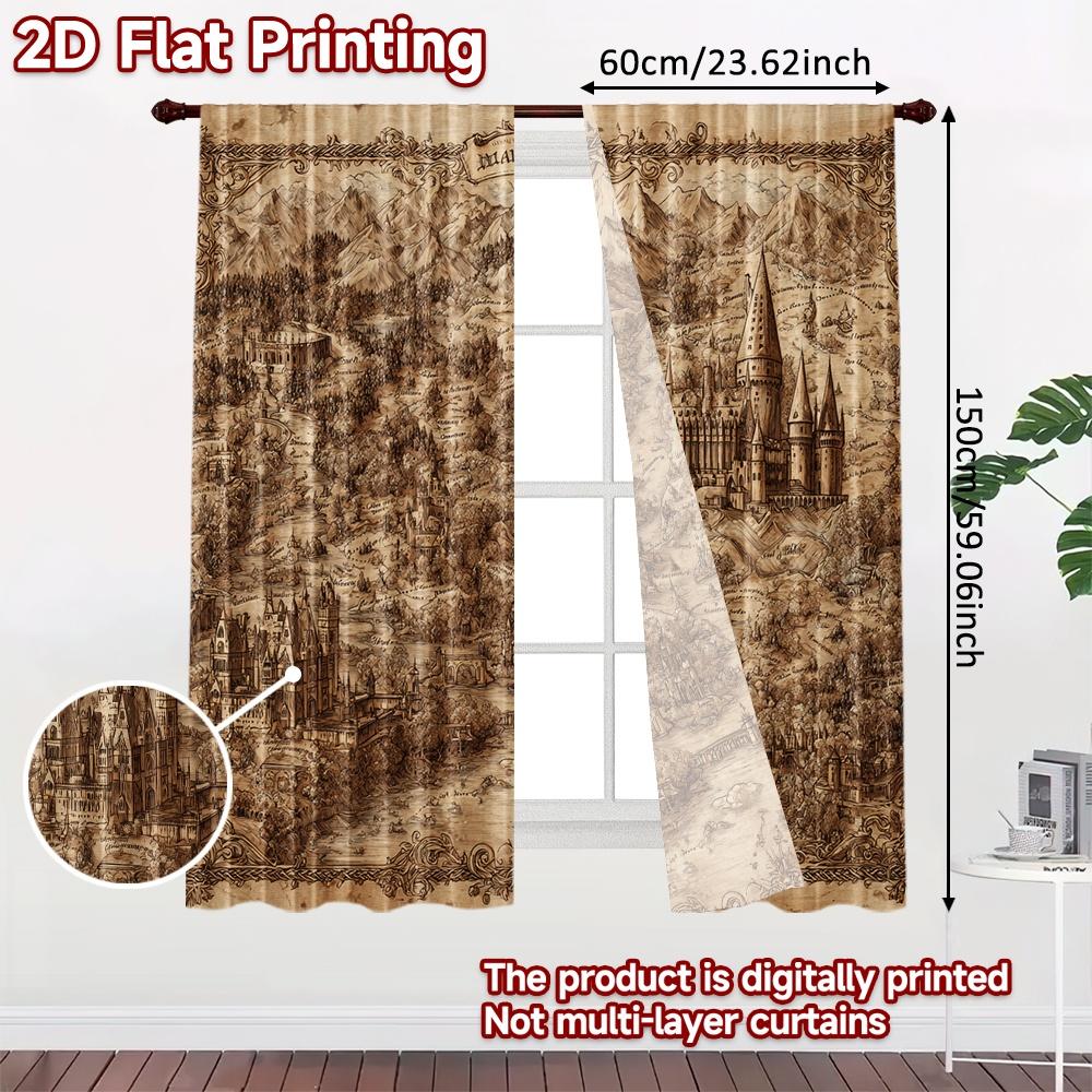 2 Stück, 2D-FLACHDRUCK Vorhänge (Ohne Stange) Marauderskarte Moderne Modische Vorhänge während der Weihnachtsferien Drucke