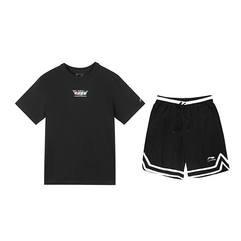 

Li-Ning Minimalist Dazzling Stars Short Sleeve Solid Color Fashion Comfortable Shorts Casual Sports Suit Unisex Sports Suit Black AHSU969-2+YAPV001-1 M