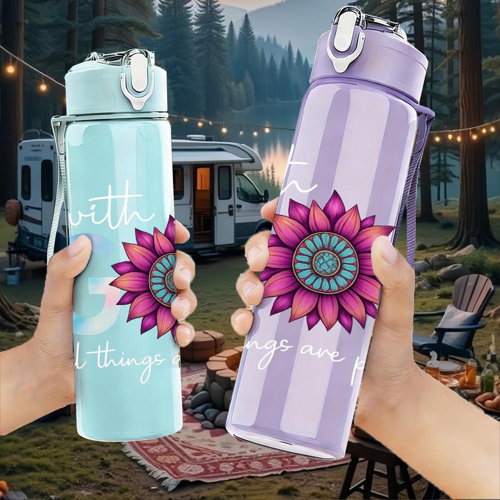 1PC God Flower Circle Pastel 750ml Color Plastic Sports Water Bottle Leakproof Flip Straw Lid Suitable for Sports Office Home Use