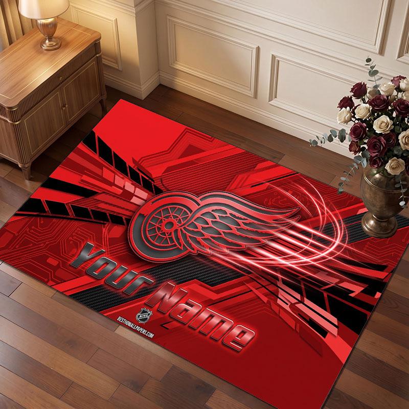 Detroit Red Wings Personalized Crystal Velvet Carpet, Customized Name Text Soft Anti‑Slip Rug for Living Room Bedroom