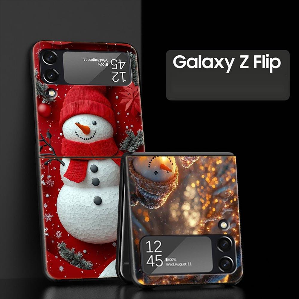 Christmas Snowman Hard PC Phone Case For Samsung Galaxy Z Flip 7 6 5 4 Black Cover For Galaxy Z Flip 3 Foldable Shell Fundas Bag