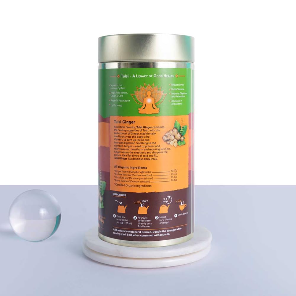 TATA Organic India Tulsi Ginger Tea 100g Pack | Antioxidant Herbal Tea | Stress Relief & Digestion Support | Caffeine-Free Whole Herbs