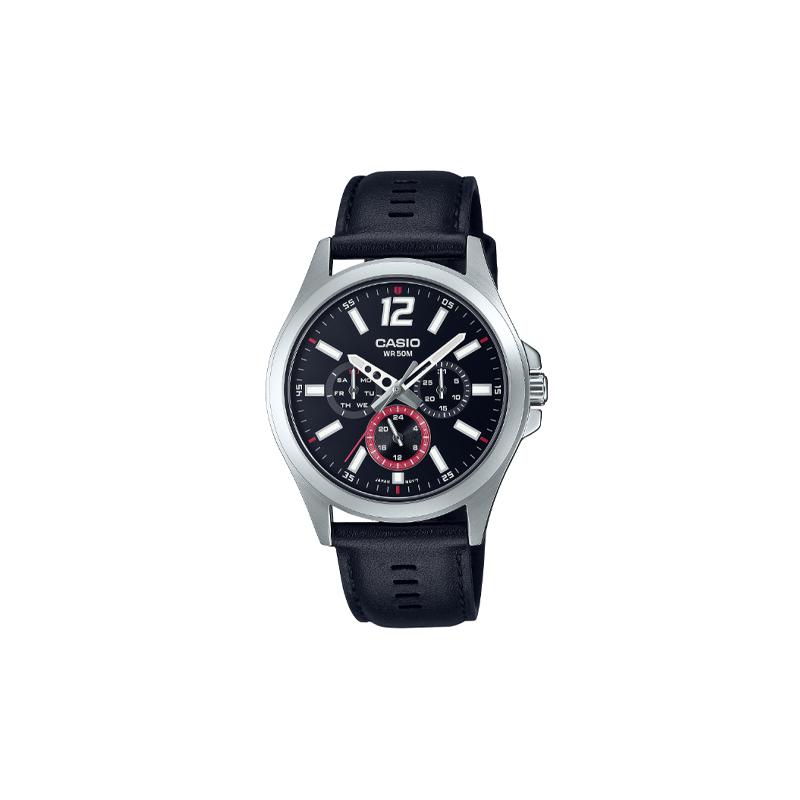 

Casio 50 meters waterproof quartz movement leather strap Japanese and Korean watch 4640.68.7mm men s watch black dial MTP-E350L-1BV