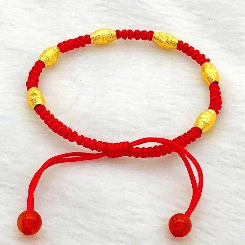 Gold-Plated Lucky Bead Red String Bracelet, Adjustable Hand-Woven Birth Year Ethnic Style Accessory