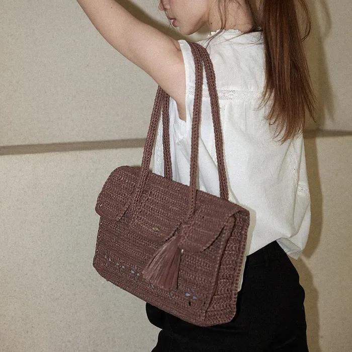 Lily Handmade Crochet Raffia Er Shoulder Bag (+gift tassel keyring) _ Brown
