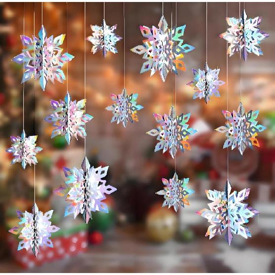 15pcs 3D Large Iridescent Paper Snowflakes Winter Ornament - Snowflakes in 3 Sizes Hanging Ornaments for Winter Wonderland Decorations Frozen