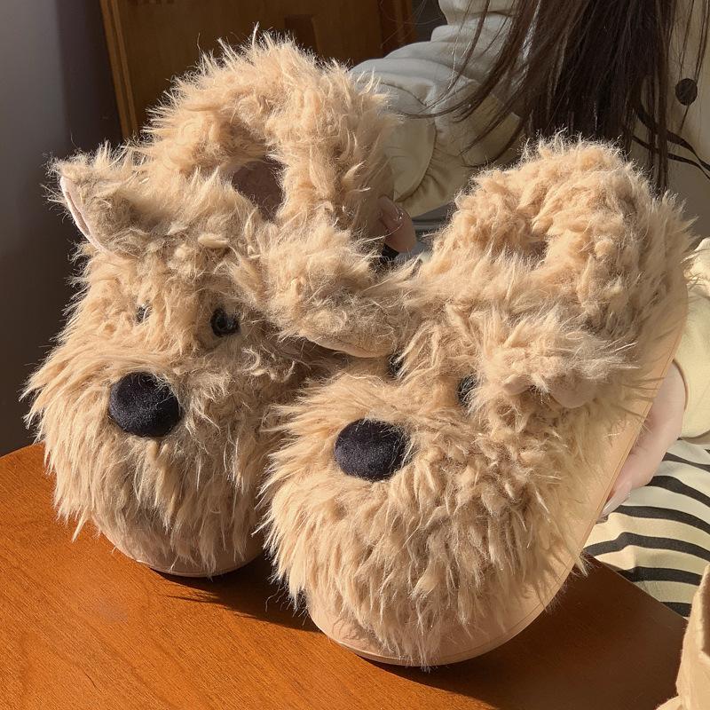 Módní dámské plyšové bačkory kreslený design psa protiskluzová silná podrážka teplá fleecová podšívka pohodlné vnitřní venkovní zima 2025 nové