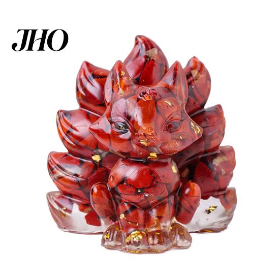Desktop Fox Figurine Natural Stone Nine-tailed Foxes Positive Healing Energy Hand-carved Colorful Faux Ornament Crystal Sitting Animal Statue