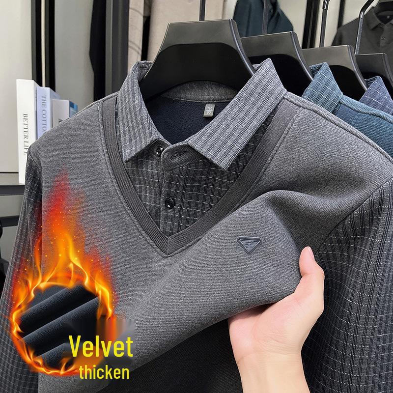 2025 Men s Two-Piece Style Velvet Knit Pullover - Warm, Thickened Shirt for Middle-Aged Dads 4XL