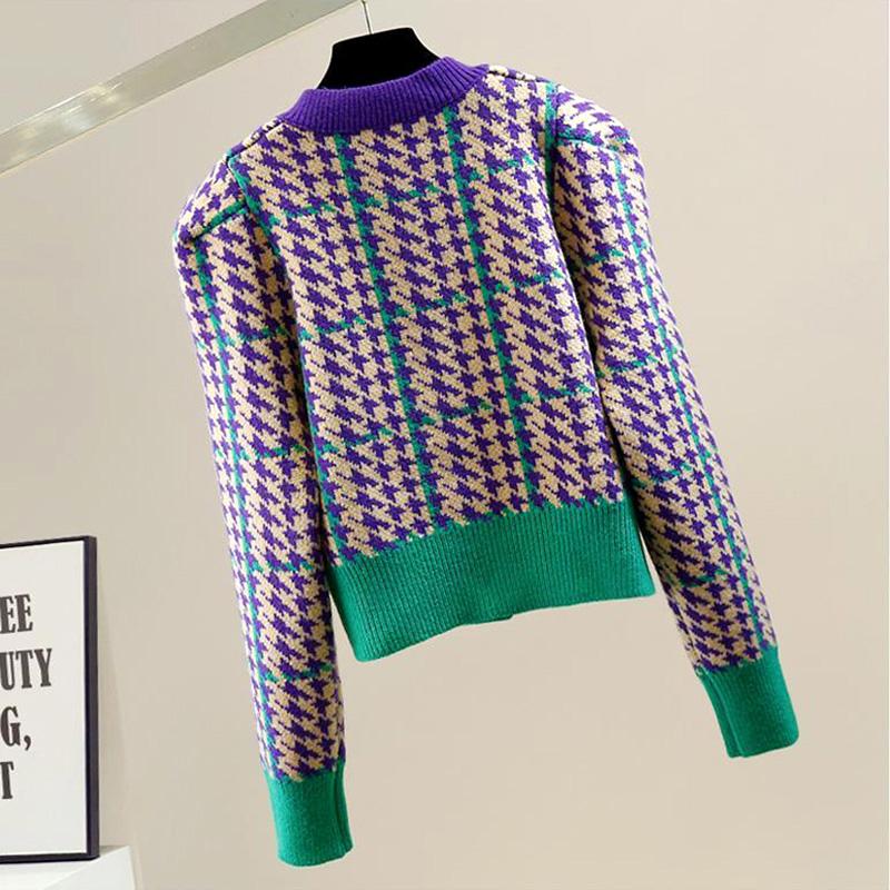 Plaid O-Neck Vintage Acrylic Knitted Women's Cardigan Sweater Korean Fashion Short Cardigan for Women