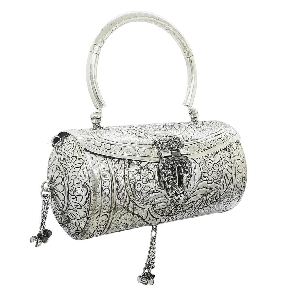 Women's Silver Brass Metal Handle Clutch Handmade Antique Ethnic Hand Clutch