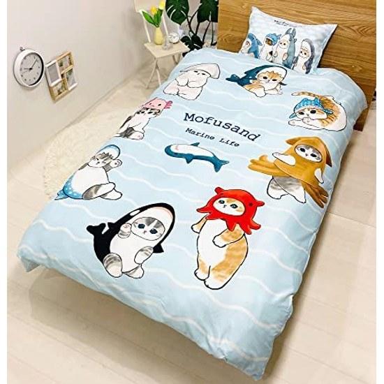 MORIPiLO Mofusand Futon Cover Set (Mofusand Shark Nyan Duvet CoverPillow Cover) Soft Peach Skin Single 150x210cm Blue Goods Cute Bedding 2-Piece