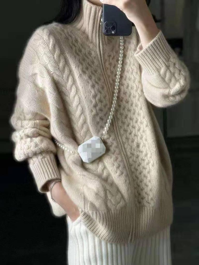 Women's High Neck Zipper Cable Knit Wool Cardigan - Soft, Thick, and Loose Fit Sweater for Autumn and Winter