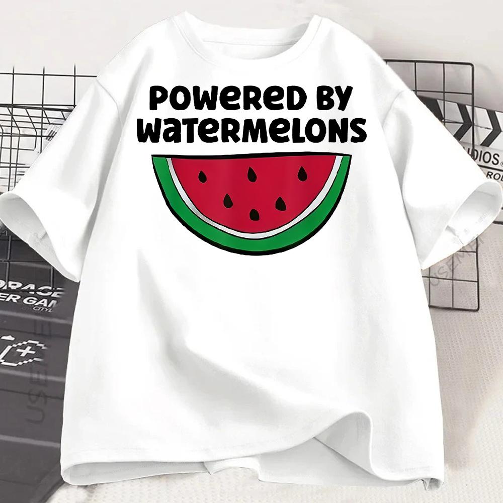 Maycaur New Kawaii Watermelon Fruits Print Unisex Tops Casual Female Shortsleeved Streetwear Black Round Neck Tshirts Goth