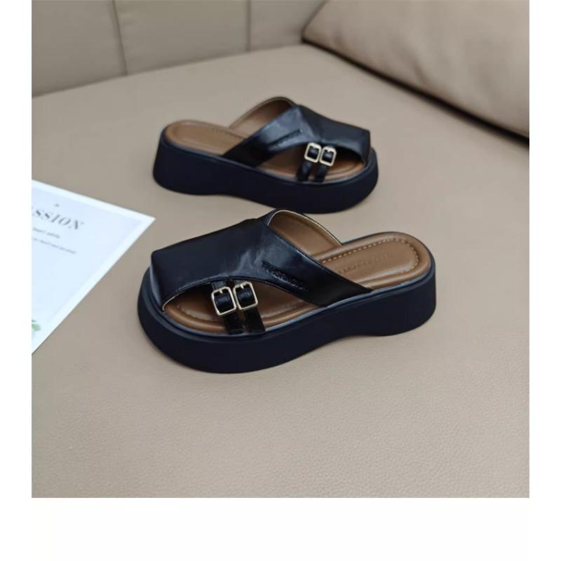 Baotou Half Slippers Women's New Leather Big Head Lazy People Wear Slippers Outside Muffin Platform Shoes