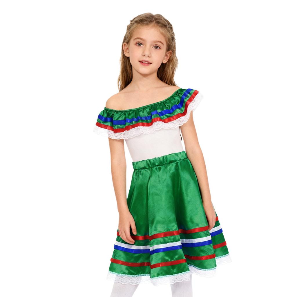 Girls Mexican Dress Set Off Shoulder Ruffled Top Elastic Waistband Lace Ribbon Trim Skirt