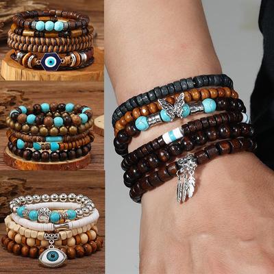 Vintage tkane ręcznie wielowarstwowe turkusowe bransoletki z koralików dla mężczyzn i kobiet Biżuteria świąteczna w stylu boho Bransoletka z drewnianych koralików dla dziewcząt i chłopców