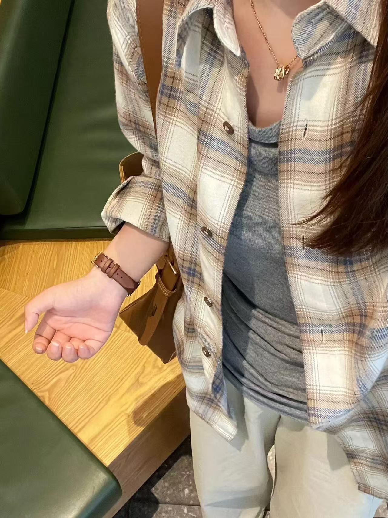 

Женская рубашка в коричневую клетку в корейском ретро стиле - Свободная, с длинным рукавом, начесанная куртка для защиты от весеннего/осеннего солнца S (70-85 lbs) кофейный