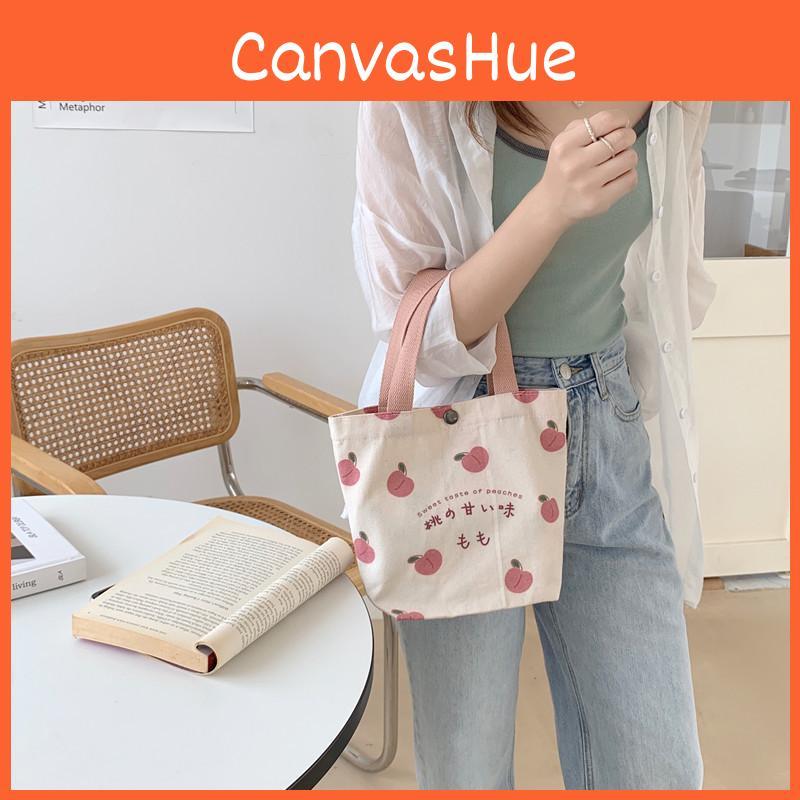 Cute Japanese Peach Canvas Handbag Fresh Sweet Mini Tote Bag With Magnetic Closure