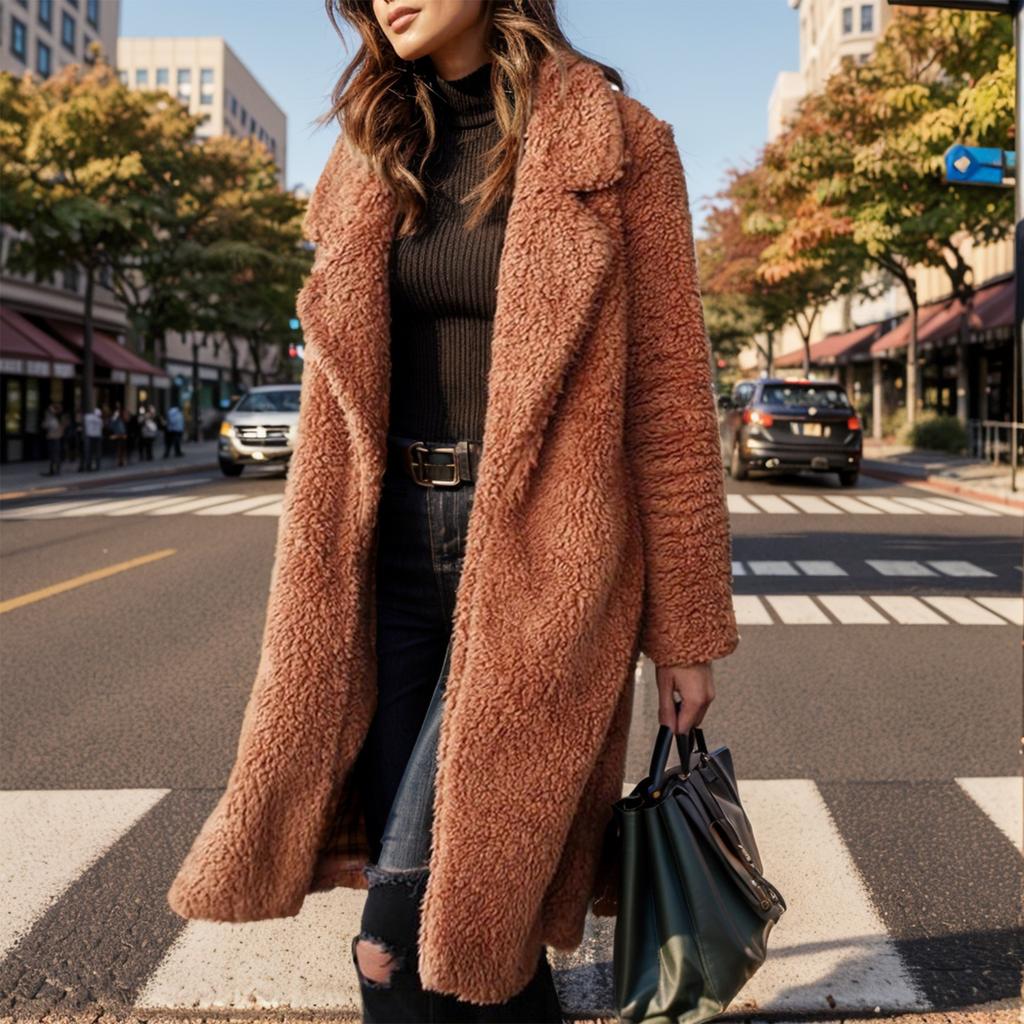 Herbst und Winter Damenbekleidung Europäische und amerikanische Langarm Revers Damen Plüsch Top Extended Coat Mantel