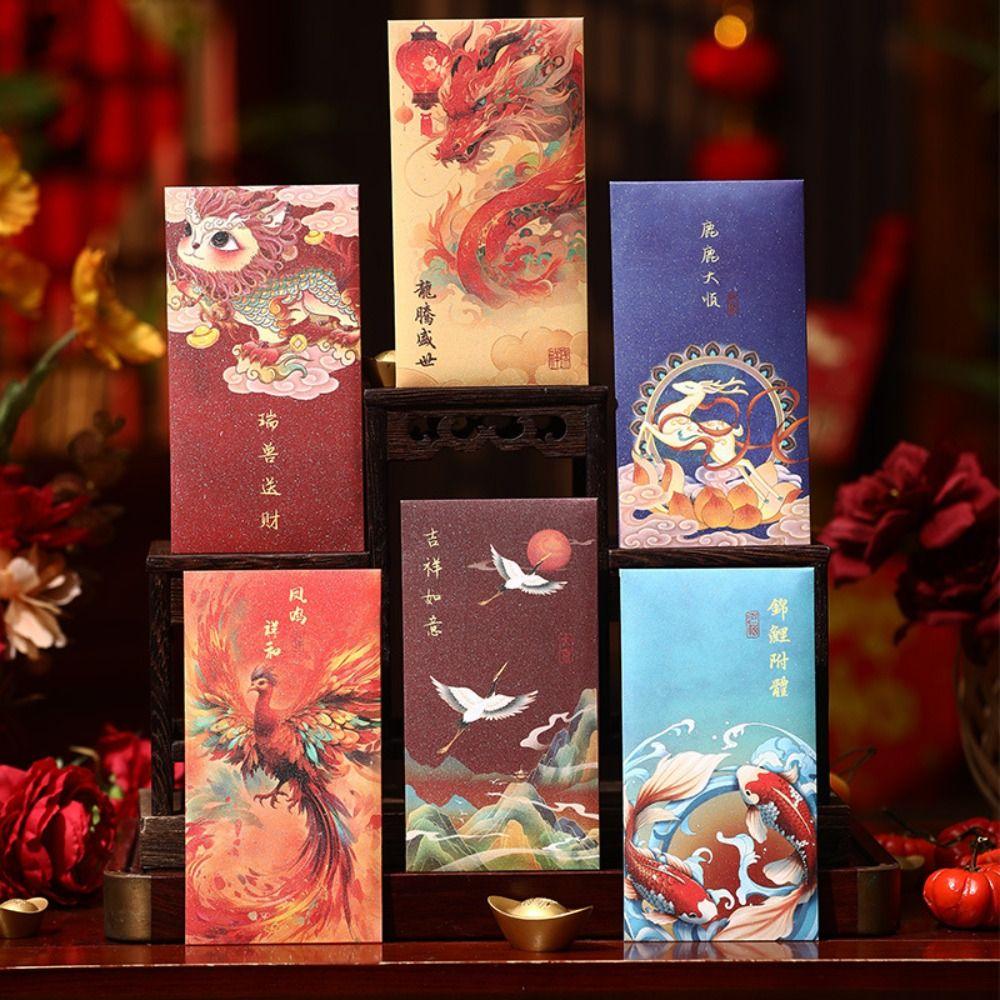 6pcs Traditional New Year Red Envelopes Chinese Style Lucky Money Bag Good Luck Red Pocket  Bonus