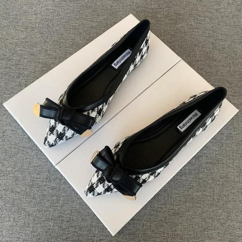 2024 Spitz zulaufende flache Damenschuhe Hahnentritt Schleife Damenschuhe Bequem und vielseitig Weiche Sohle Vier Jahreszeiten Arbeitsschuhe