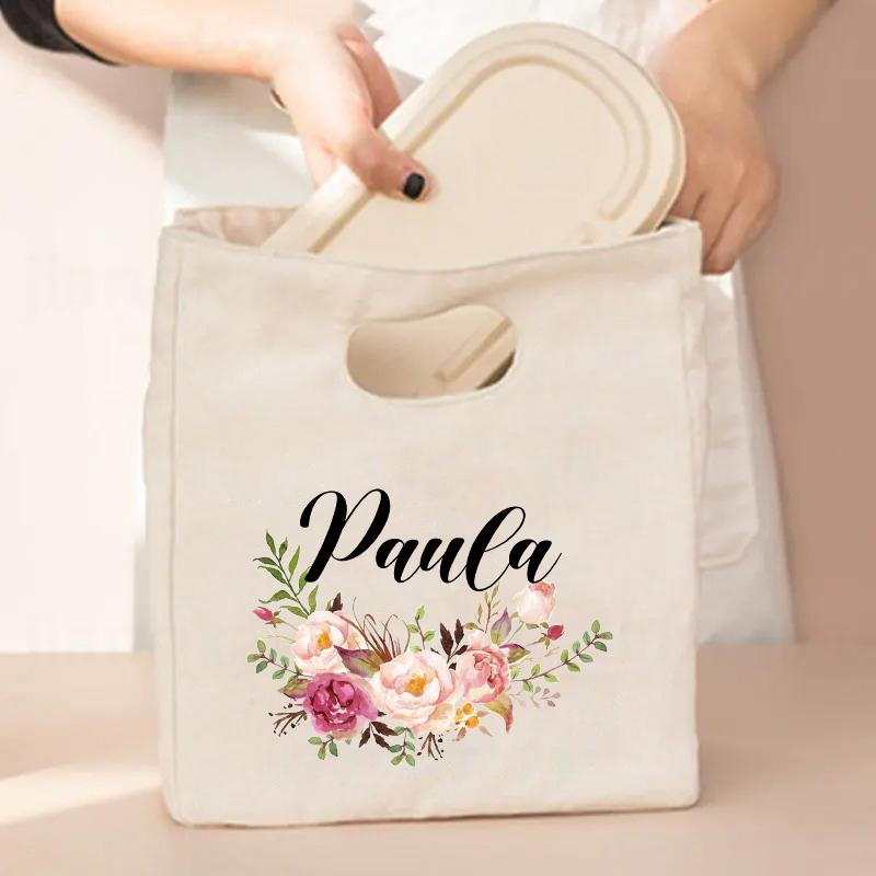 Flower Customized Canvas Handbag Vintage Travel Camping Lunch Bag Personalized Name Storage Lunch Box Large Capacity Cooler Bags