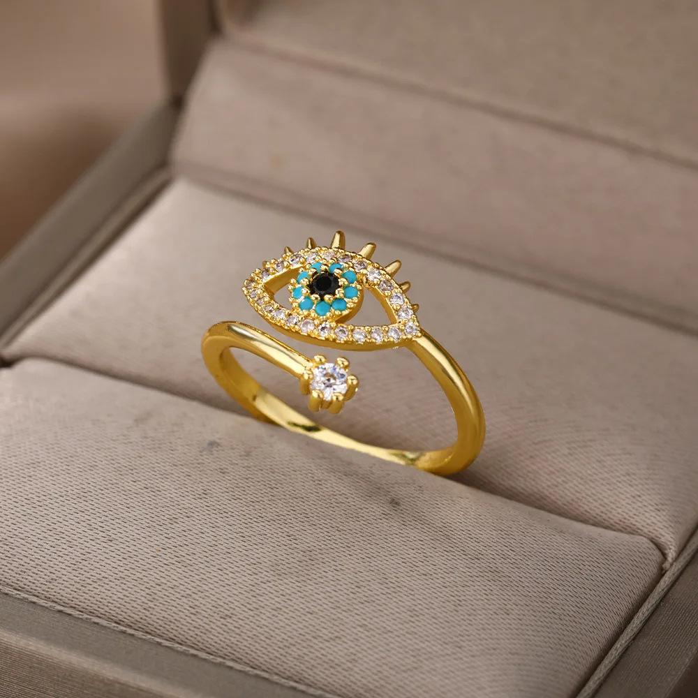 Devil's Eye Zircon Inlaid Gold-plated Stainless Steel Opening Adjustable Ring Women's Jewelry Ring